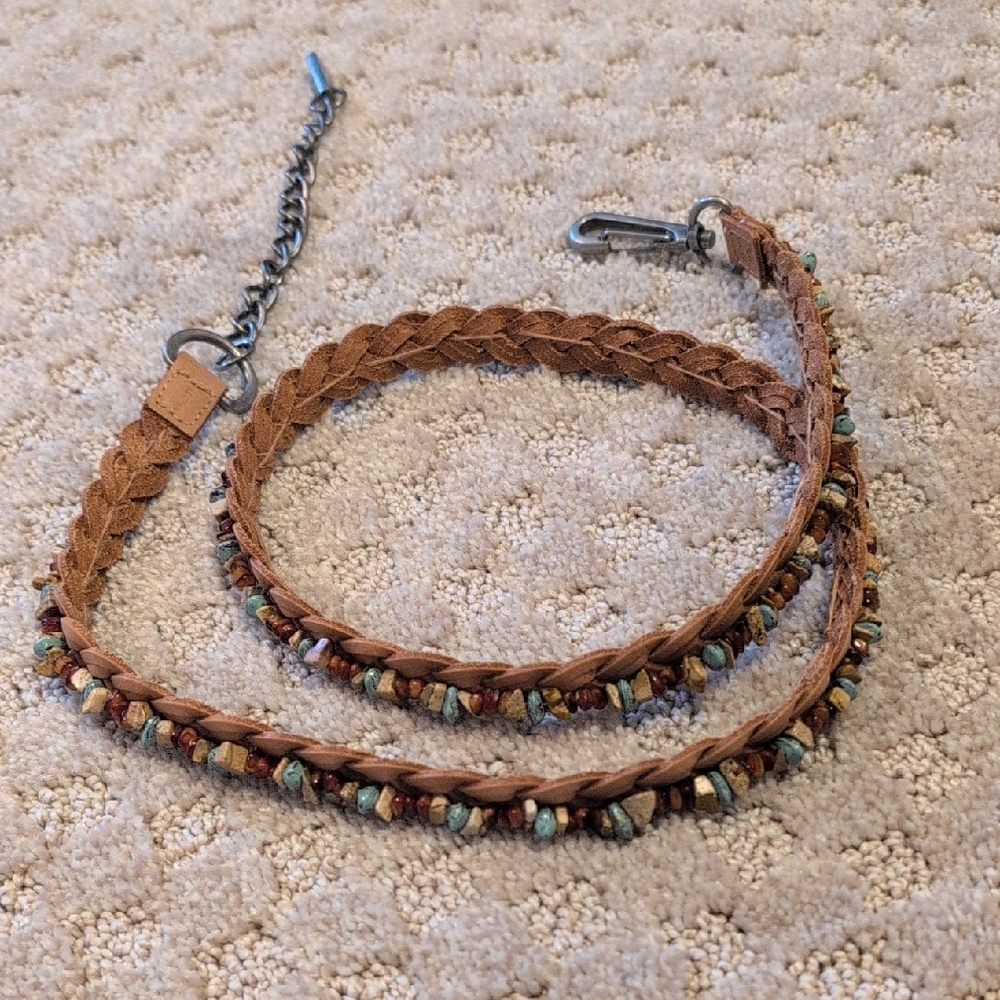 Vintage Leather Belt With Turquoise And Stone Beading